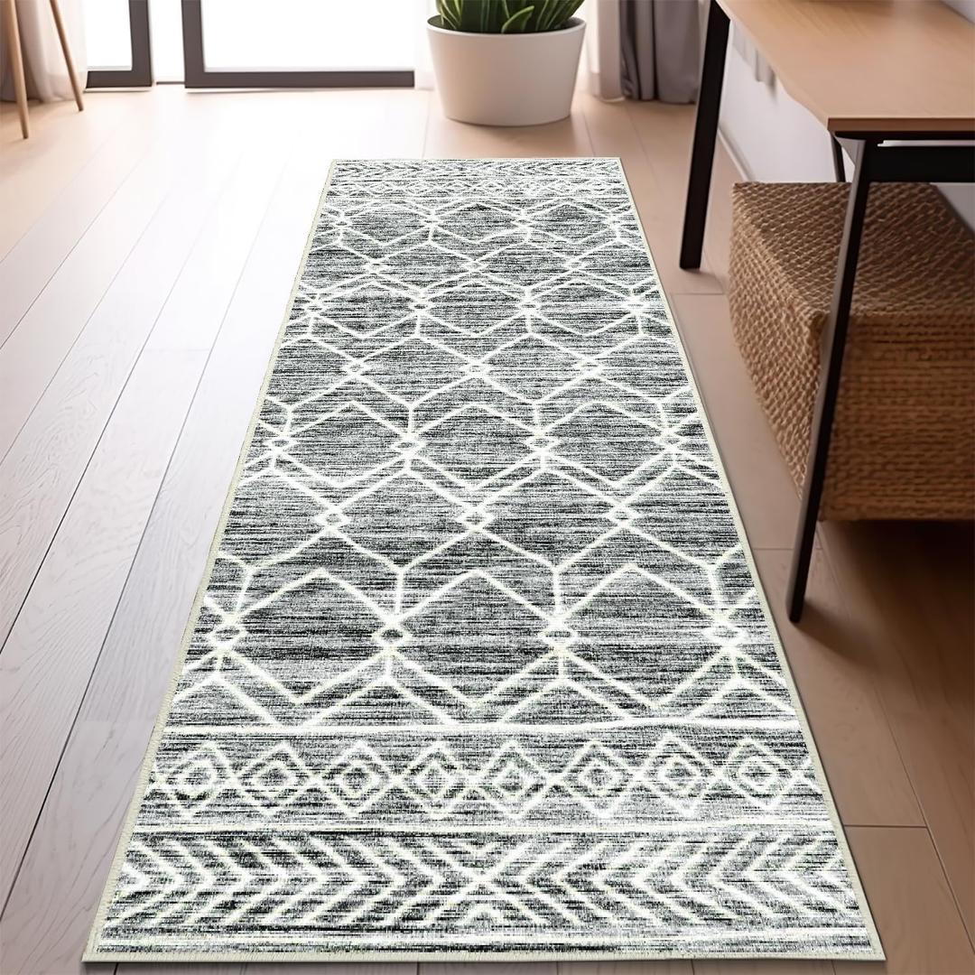 jinchan Moroccan Runner Rug 2x6 - Kitchen Machine Washable Runner Rug Modern Geometric Low-Pile Lightweight Non-Slip Carpet for Entryway Hallway Laundry Room Bedroom Bedside (2x6ft, Grey)