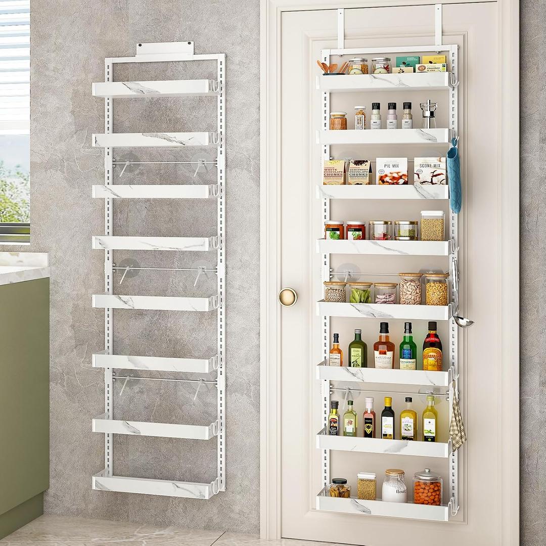 BUKFEN 8-Tier Over the Door Pantry Organizer, 2-in-1 Door Hanging or Wall Mounted Spice Rack, Heavy Duty Metal Storage Shelves with Adjustable Baskets for Kitchen Bathroom Closet (White pole marble color)