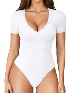 Avidlove Short Sleeve Bodysuit for Women Lace V Neck Body Suits Double Lined Bodysuits Sexy Going Out Top, size: XS