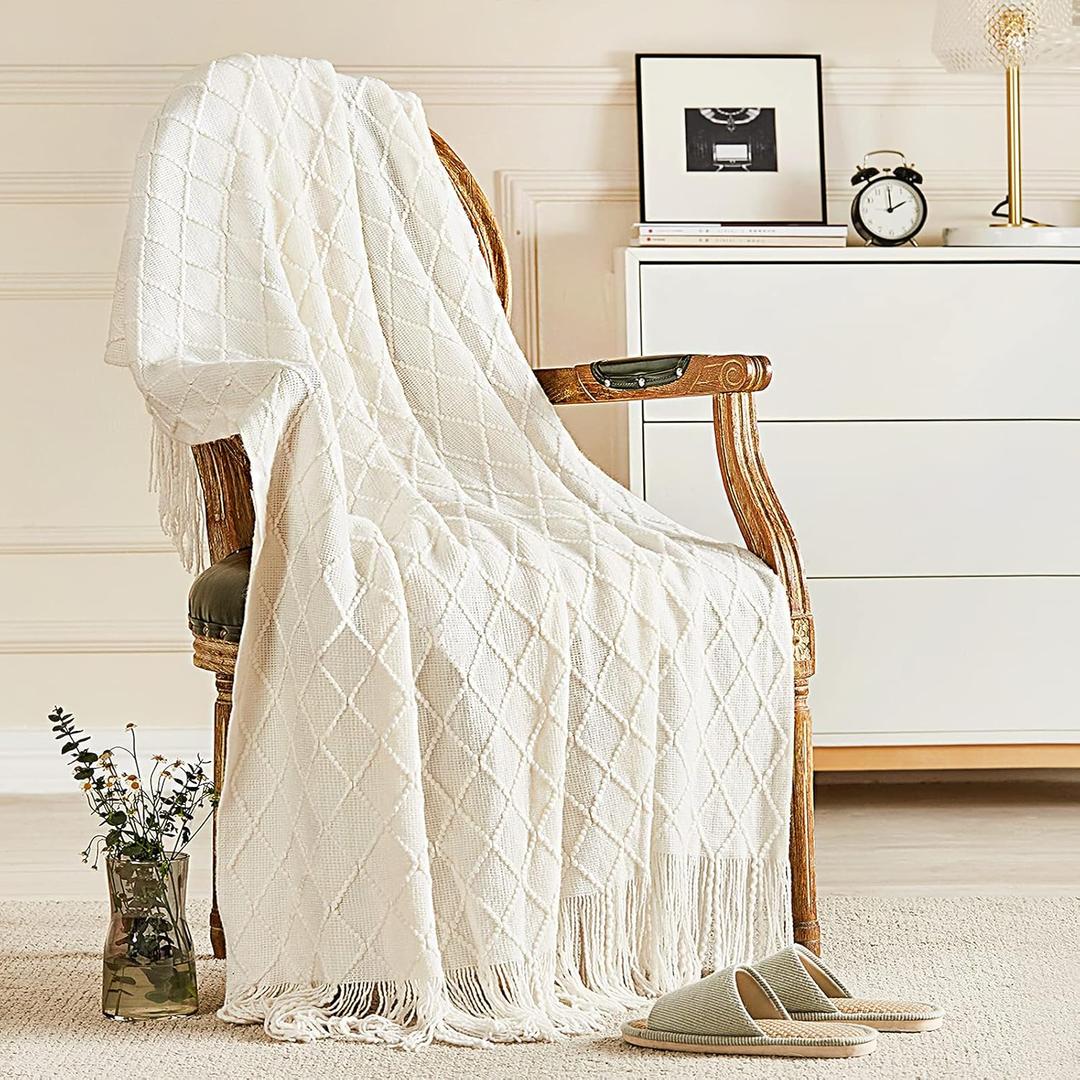 inhand Knitted Throw Blanket for Couch and Bed, Soft Living Room Home Decor Knitted Blanket with Tassel, Outdoor Lightweight Breathable Summer Blanket, Farmhouse Warm Woven Decorative, 50"x60" (A(off White))
