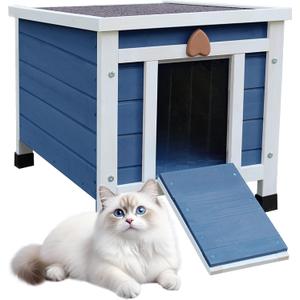 Rockever Outdoor Cat House,Outdoor cat Houses for Feral Cats Weatherproof Rabbit Hutch Small, Wooden Small Pet House and Habitats-Blue