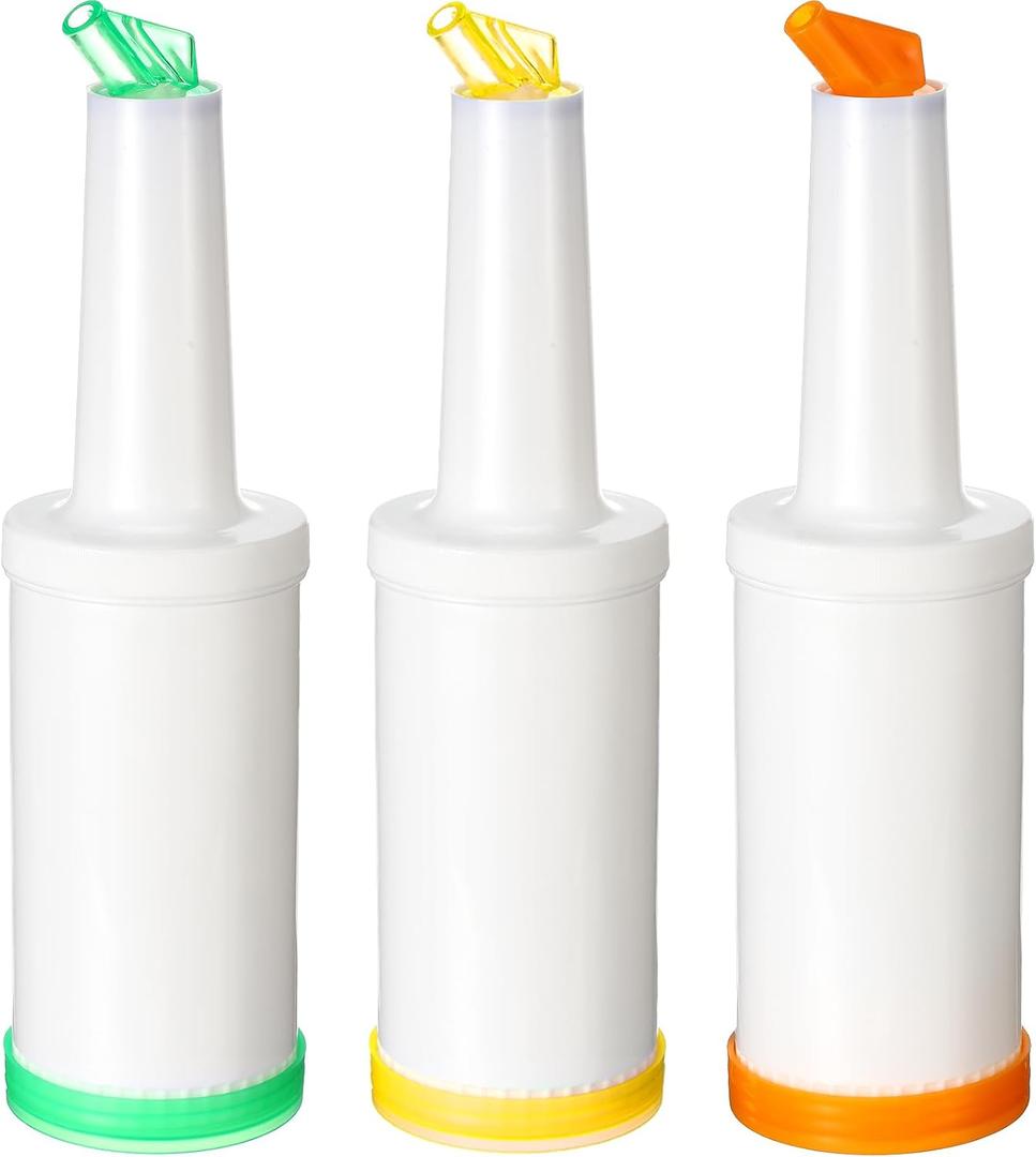CHENGU 3 Pcs Bar Pour Colorful Juice Pouring Bottle Containers 34 oz Plastic Juice Dispensers for Bar Home Party Kitchen Supplies (Green,Yellow,Orange)