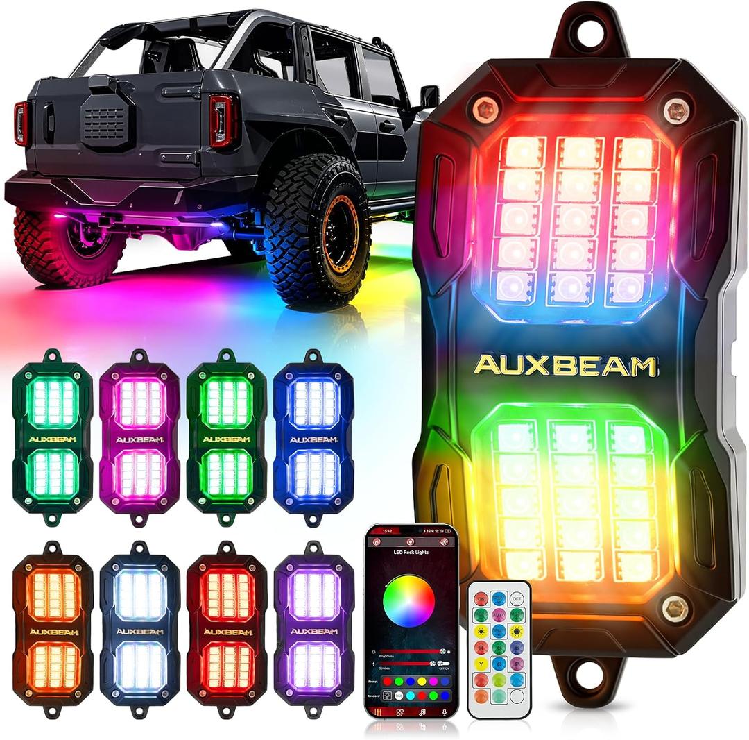 Auxbeam 8-Pod RGB LED Rock Lights w/Brake Mode 217°Dual-Side Lighting Underglow Kit w/Bluetooth APP & Remote Control Music Voice Sync Waterproof Wheel Well Lights for Trucks Offroad RV
