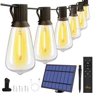 Ollny 25+2 LEDs ST38 Solar String Lights for Outside, 50 FT USB & Solar Dual Charging Outdoor String Lights, 3 Modes 5 Timers 10 Brightness 2200K Waterproof Patio Lights for Porch Garden Camping (50FT)