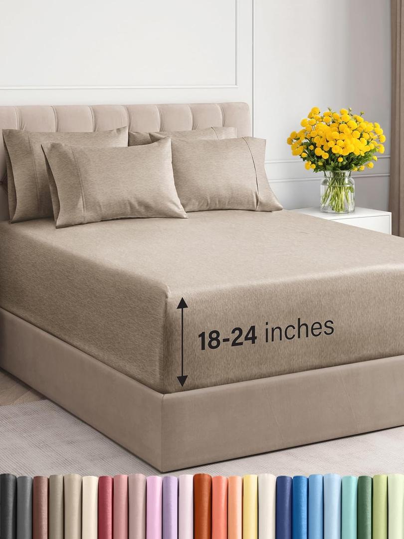 Extra Deep King Sheet Set - 6 Piece Breathable & Cooling Sheets - Hotel Luxury Bedding Set w/18-24 Inch Extra Deep Pockets - Easy Fit - Super Soft, Wrinkle Free & Comfy - Heathered Beige, King Size (King, 12 - Heathered Beige)