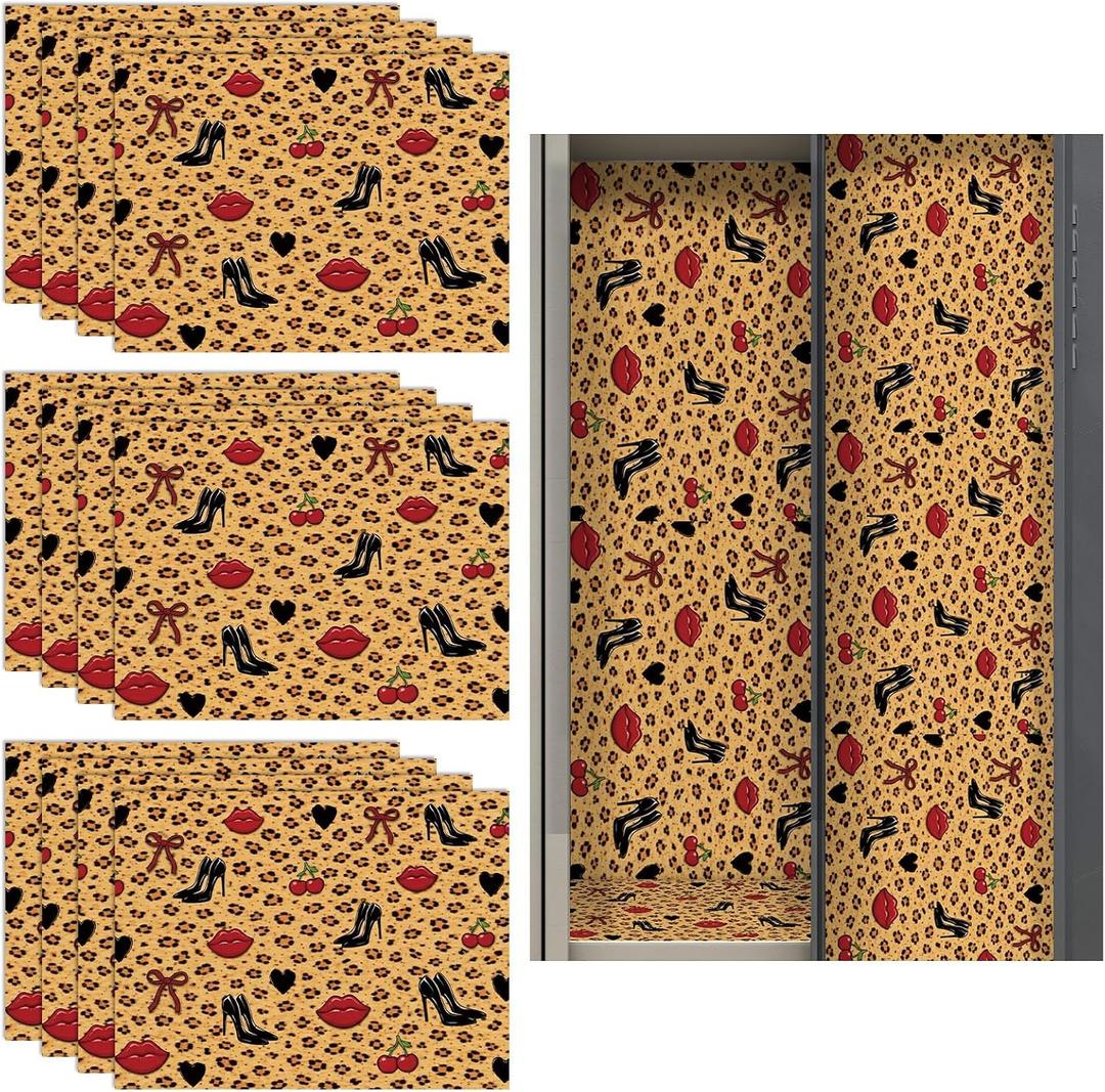 12 Pcs Back to School Locker Magnetic Wallpaper, Cherry Leopard, Red Brown