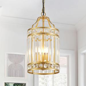 Modern Gold Pendant Island Light Fixtures for Kitchen, Luxury Elegant Crystal Small 4-Light Chandeliers for Dining Room, Industrial Cage Hanging Ceiling Lighting for Bedroom Foyer Hallway