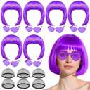 PLULON 6 Pack Purple Bob Wig with Heart Sunglasses and Hair Cap for Women, Colorful Cosplay Costume Neon Short Bob Wigs Funny Hairpieces Daily Bachelorette Halloween Costume Party Decorations