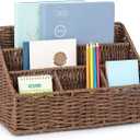 DINGTAI Rattan Desk Organizer, Tabletop Mail Holder, 5 Slot Mail Organizer Countertop Basket, Rattan Office Supplies, Boho Office Desk Accessories, Wicker Desk Organizer, Magazine HolderBrown