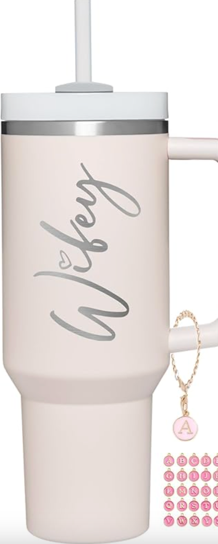 Wifey 40 oz Tumbler Cup for Couples with Handle Lids Straws Letter Charm Accessories 2 Pack Wedding Gifts for Couples 2024 Engagement gift Bridal Shower Gift for Bride Groom Newlyweds