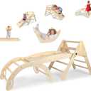 Pikler Triangle Toddler Climbing Toys Set, 5 in 1 Foldable Wooden Indoor Triangle Set with Triangle Ladder, Climbing Ramp, Arch Climber, Rocker, and Slide for Montessori Gym Toys for Kids (Small)