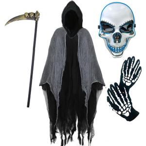 Grim Reaper Costume Kids,Scary Halloween Costumes for Boys Girls, LED Mask,Hooded Cloak,Scythe,Gloves Included (Large, Black)