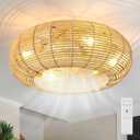 20" Caged Ceiling Fan with Light and Remote, Boho Ceiling Fan with Light Flush Mount Rattan Fandelier Bedroom Ceiling Fans Low Profile, 6 Speed, Reversible for Living Room, Kitchen (4*E26 Base)