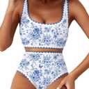 Herseas Women's Bikini Sets Floral Print Whip Stitch 2 Piece Swimsuits High Waisted Scoop Bathing Suits (Blue, L)