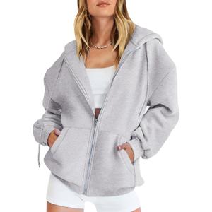 Caracilia Womens Zip Up Hoodies Oversized Long Sleeve Sweatshirts Casual Y2K Hoodie 2024 Fall Jacket with Pockets Light Grey, Size: Large