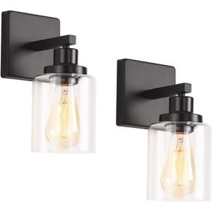 Matte Black Vanity Lights for Bathroom, Wall Sconces Set of Two, Modern Wall Light Fixtures, Metal Sconces Wall Lighting with Clear Glass Shade, Farmhouse Wall Lamp