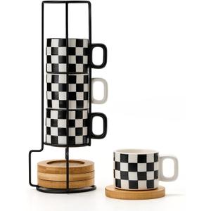 LUKA Ceramic Stackable Black and White Checkered Espresso Cups with Saucers and Metal Stand, 4 Ounce Small Demitasse Cups Set for Coffee Drinks, Latte, Tea - Set of 4