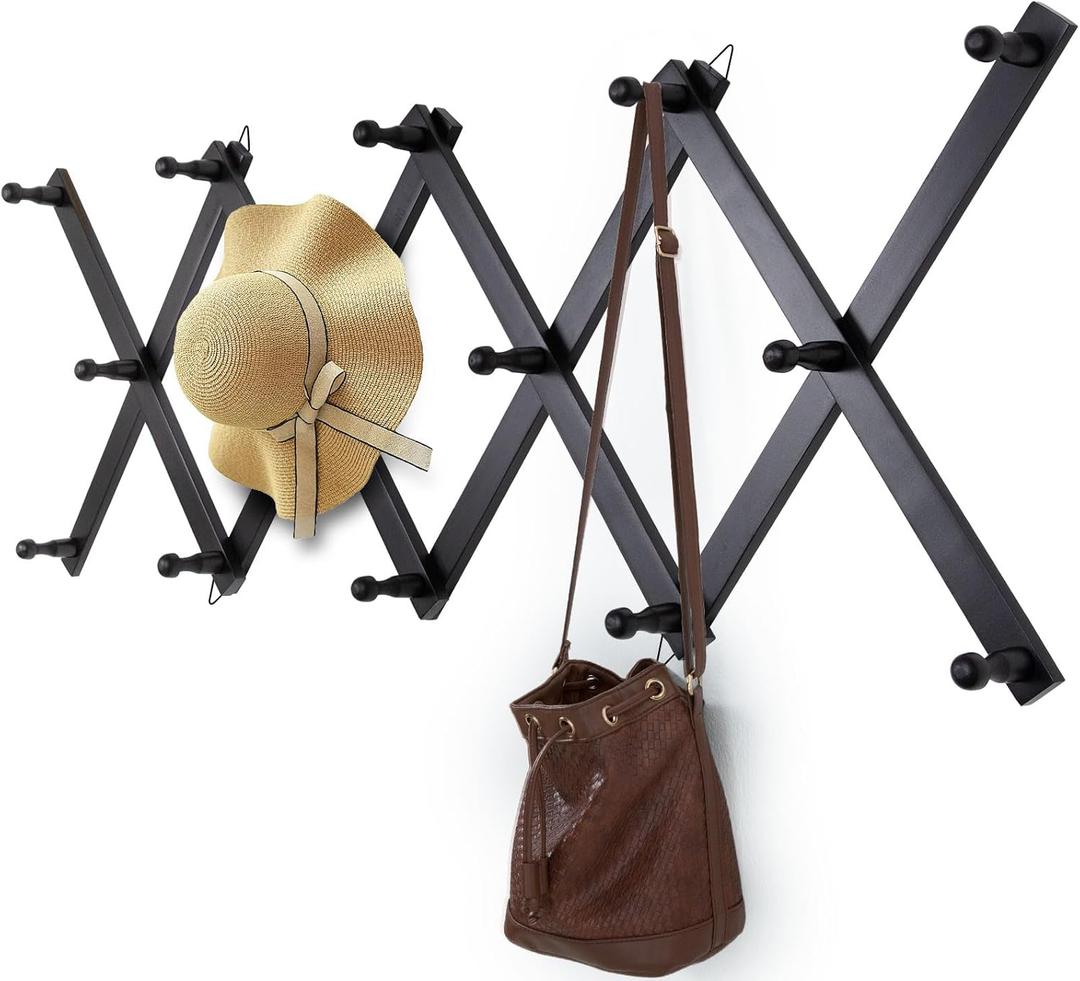 Wall Rack with 14 Hooks, Wooden Wall Expandable Coat Rack for Coat, Hats, Baseball Caps, Coffee Mug, Jewelry(Black)