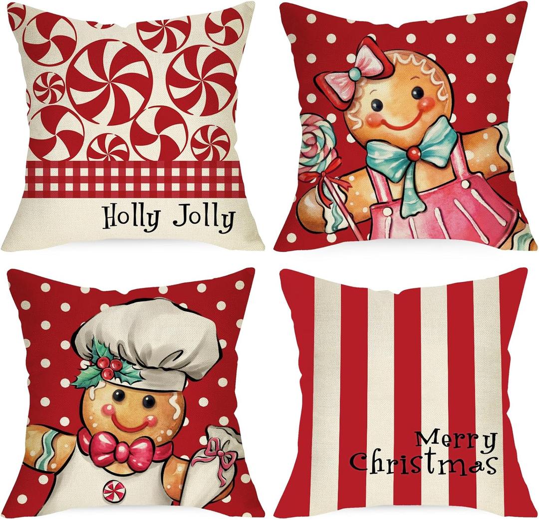 Merry Christmas Gingerbread Man Decorative Throw Pillow Covers 16x16 Set of 4, Xmas Peppermint Candy Polka Dot Stripe Red Cushion Case Decor, Holly Jolly Winter Holiday Home Decoration for Sofa