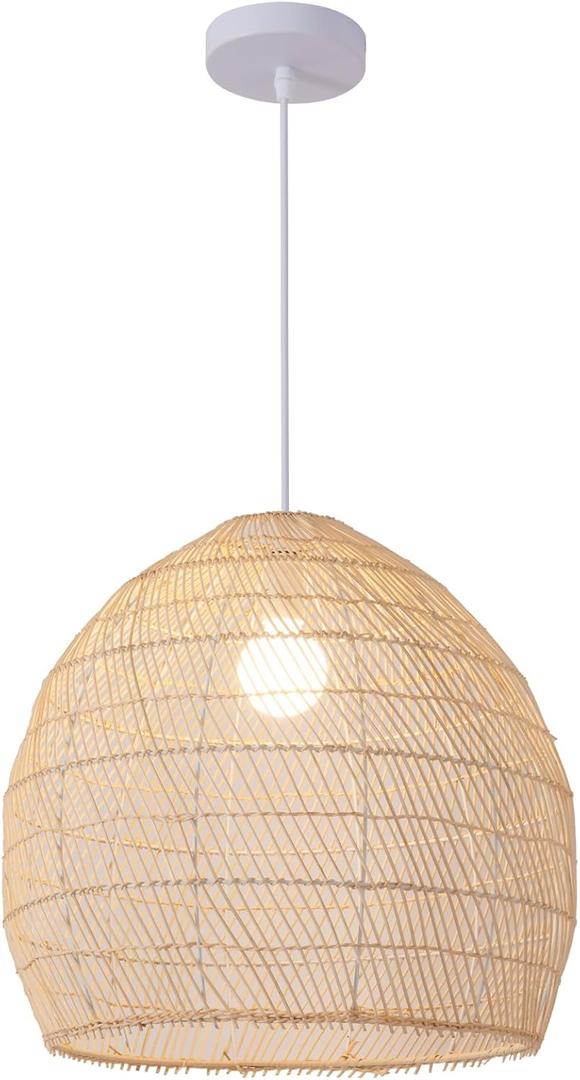 1-Light Rattan Pendant Light,13.78" Hand-Woven Bamboo Rattan Hanging Light Wicker Chandelier for Kitchen Island Restaurant Craft Room Farmhouse (White)
