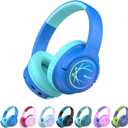 iClever Kids Bluetooth Headphones with LED Lights, 43H Playtime, Type-C Fast Charging, BTH18 Safe Volume 74/85dBA, Bluetooth5.3,Toddler Headphones Aux Cord for iPad/Tablet/Travel/School, Blue