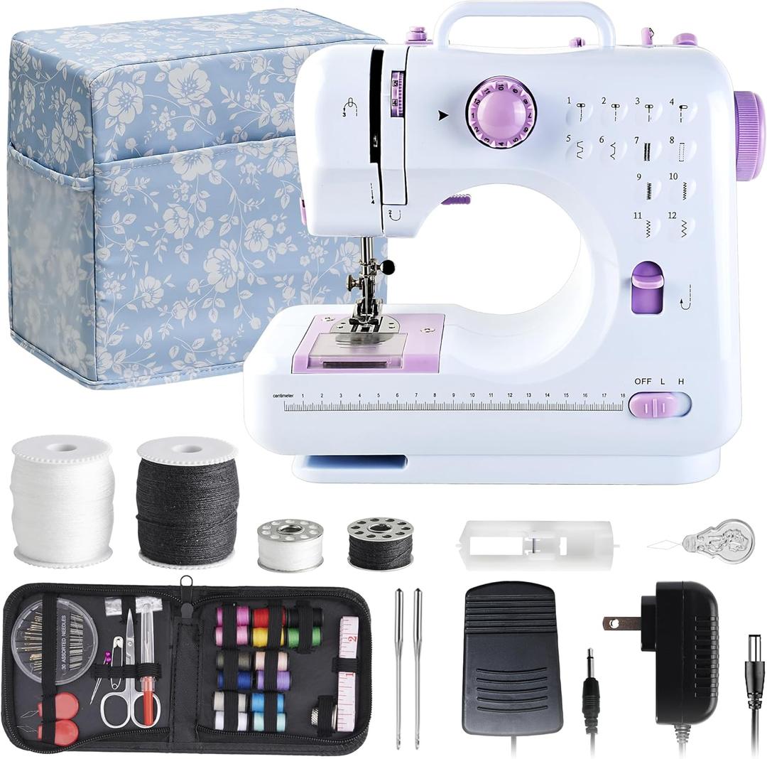 Mini Sewing Machine for Beginners and Kids Ages 8-12, Portable Sewing Machines with 12 Built-in Stitch Patterns, Light, 2 Speed Foot Pedal - Purple & White (with 27 Pieces Sewing Kit & Case)