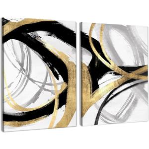 BearCake Abstract Black and Gold Wall Art Set of 2 11x14 Inches Framed- Modern Black Gold and White Wall Decor Poster for Bedroom Living Room, Oil Painting Abstract Pictures for Home Office Decor