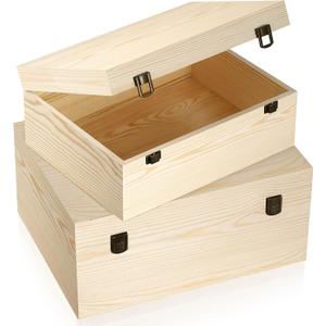 Large Unfinished Wooden Boxes Set of 2 Sizes Wood Box with Hinged Lid Large Wooden Boxes Keepsake Memory Boxs- for DIY Crafts, Gifts, Jewelry,Wedding and Storage Handcrafted Box
