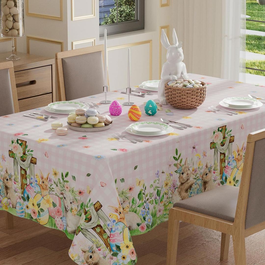 XCHI Plaid Bunny Lamb Eggs Chick Cross Flowers Rabbit Easter Tablecloth Rectangle Table Cloth Washable Table Covers for Indoor Dining Home Party Decorations 52x70 Inch
