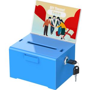 Uniclife Acrylic Donation Box with Lock and Sign Holder Blue Ballot Box with Slot Plastic Suggestion Box Tip Jar Cash Storage Container Drop Box for Fundraising Voting Raffle Charity, 6.2" x 5" x 4" (1 Pack)