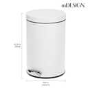 mDesign 3.2 Gallon/12 Liter Round Metal Step Trash Wastebasket, Garbage Container Bin for Bathroom, Powder Room, Bedroom, Kitchen, Craft Room, Office - Removable Liner Bucket - White
