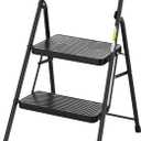 HBtower 2 Step Ladder, Step Stool with Wide Anti-Slip Pedal, Folding Step Stool with Convenient Handle for Home and Kitchen, Black