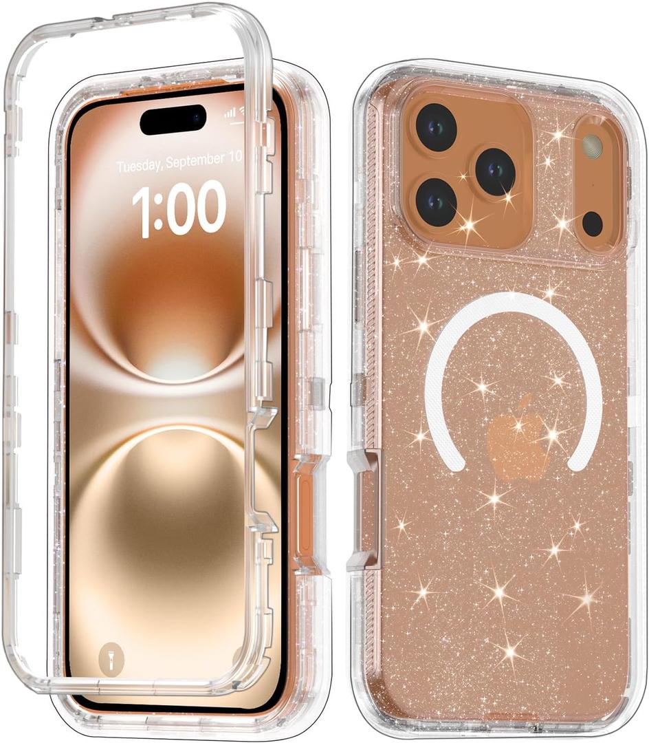 Designed for iPhone 17 Pro Max Case,[Compatible with Magsafe] [Non-Yellowing] [Without Screen Protector] Shockproof/Dust/Drop Proof 3-Layer Full Body Protection Rugged Heavy Duty Cover, Clear Glitter
