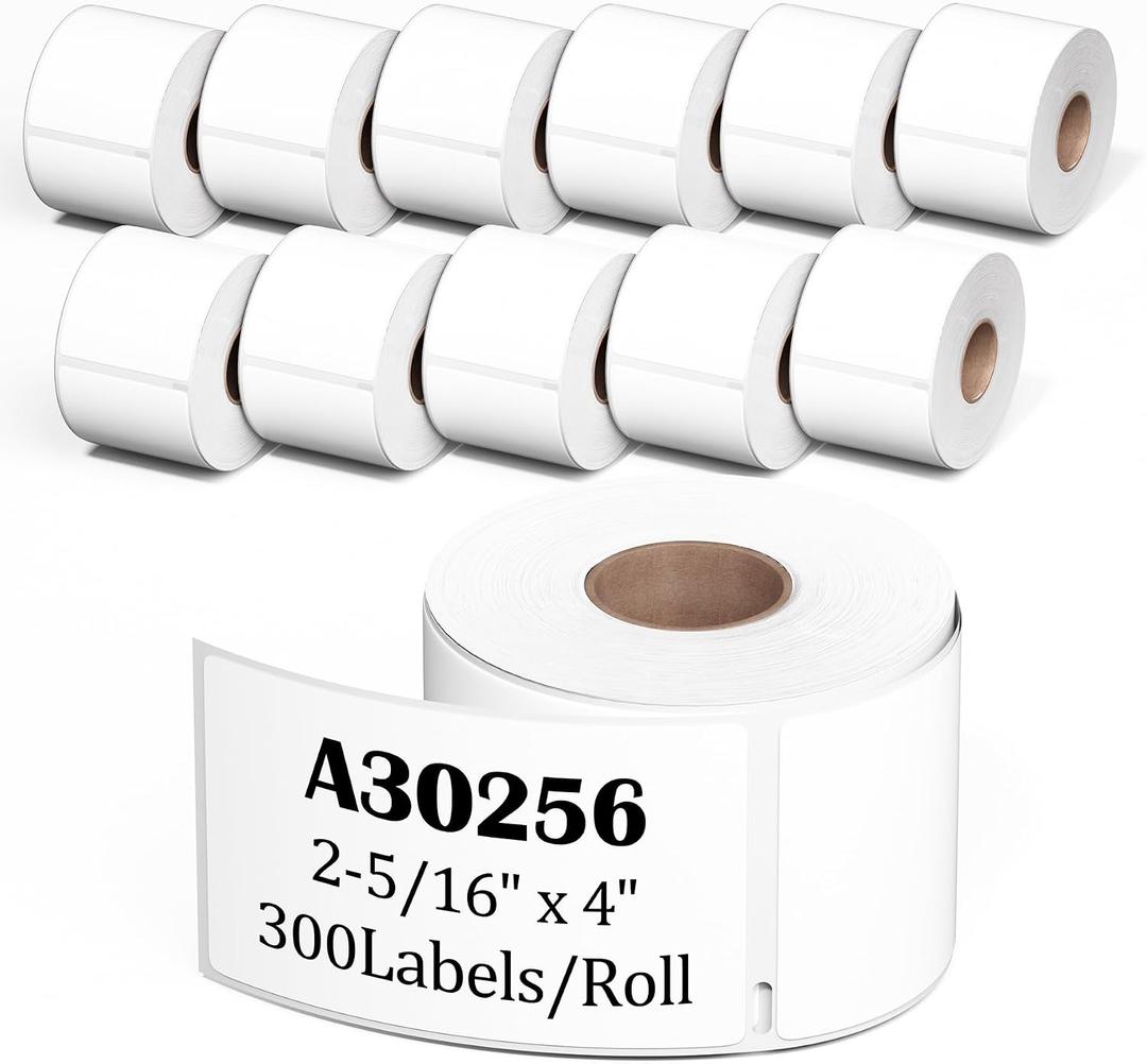 12-Roll White Shipping Labels 2-5/16" x 4" for Dymo LabelWriter 450 and 4XL | Replacement for Dymo 30256 Large White Shipping Labels 59mm x 102mm | Not for 550 5XL | 12-Rolls/3600 Thermal Labels by Fimax