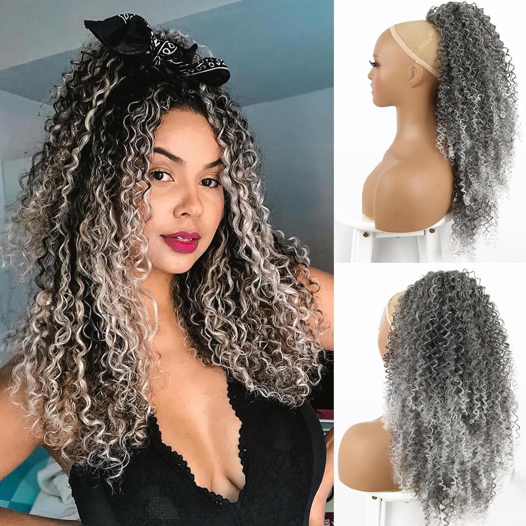 Kinky Curly Ombre Gray Drawstring Ponytail Extension for Black Women Silver Kinky Curly Ponytail Clip Long Curly Hair Ponytail Synthetic Highlight 26Inch Low Ponytail (Ombre Grey)