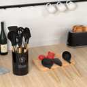 Silicone Cooking Utensils Set Utensil Sets - 446F Heat Resistant Silicone Kitchen Utensils Set Wooden Handles, Silicone Utensils for Cooking w Holder for Non-Stick Cookware BPA FREE (Black)