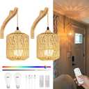 Frideko Boho Rechargeable Wall Sconces Set of Two with Remote, RGB 15 Colors Dimmable Battery Operated Wall Light, Indoor Wireless Wall Lamp with 3 Timer, Farmhouse Rattan Wall Lighting for Bedroom