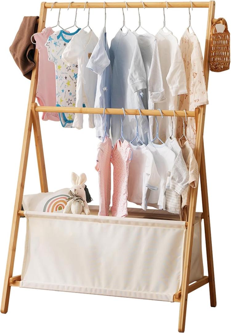 Baveke Kids Clothing Rrack- Kids Dress Up Rack for Little Girls, Bamboo Kids Clothes Rack-Feat FSC-Certified Bamboo, Toddler Dress Up Storage Rack & Folding Costume Rack, Pets Clothes Rack, Natural