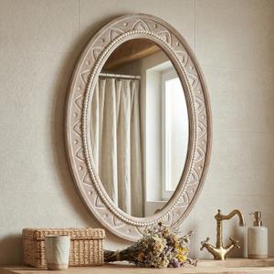 Oval Mirrors for Wall,Wood Nature Beads Farmhouse Boho Wall Mirror