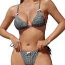 ZAFUL Women's Sexy Triangle Thong Bikini Set 2025 Plaids Print Two Piece Swimsuit Brazillian Cute String Bathing Suit (Black, M)