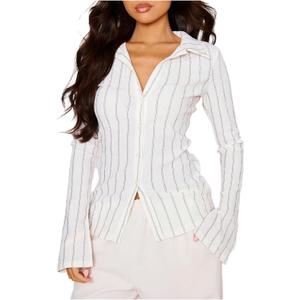 MakeMeChic Women's Work Office Striped Button Down Shirt Bell Sleeve Dressy Blouse Tops, White, Large