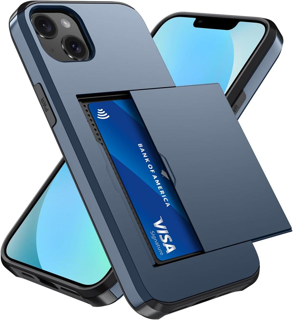 Qinmay Compatible with iPhone 13 Mini Case with Card Holder, Dual Layer Shockproof,Heavy Duty Protective Hidden Slot Slim Wallet Phone CoverBlue