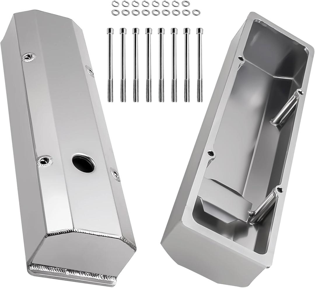 Fabricated Aluminum Valve Covers Compatible with Chevy SBC Engines SBC 283 302 305 327 350 383 400 6351 Engine Block 1958-1986,1/4" Billet Rail Clear Anodized Tall Valve Covers
