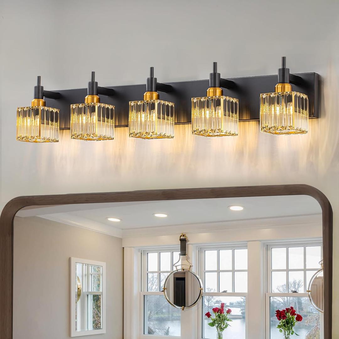 Modern Crystal Bathroom Vanity Light Black Gold 5-Lights Bathroom Lighting Fixtures Over Mirror, Brass Wall Light Fixtures