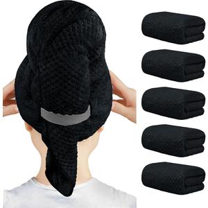 HOMEXCEL 5 Pack Large Microfiber Hair Towel Wrap for Women, Black- 40 x 20 inches Super Soft, Fast Drying Turbans for Long, Thick, Curly Hair - Anti Frizz Wrap with Elastic Strap