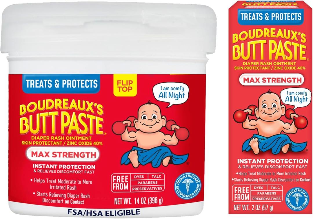 Boudreauxs Butt Paste Max Strength Diaper Rash Cream for Baby, Ointment With Zinc Oxide, 2 oz Tube & 14 oz Jar