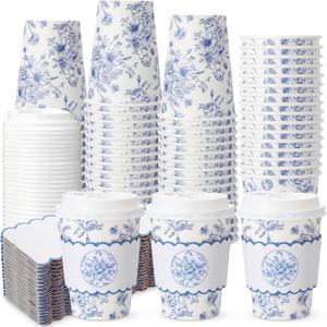 Qinyoung 48 Set Blue Floral Paper Coffee Cups with Lids and Sleeves 12 oz Vintage Flower Disposable Drinking Cups Bulk for Birthday Wedding Bridal Shower Tea Party Supplies