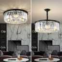 Black Modern Crystal Chandelier, 2-Tier Round Flush Mount Ceiling Light Fixtures Height Adjustable Pendant Lighting for Dining Room Living Room Bedroom Kitchen Hotel Foyer