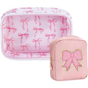 ACRNIGHEET Pink Bow Patch Clear Makeup Bag with Cute Emergency Period Bag, Clear Cosmetic Pouch PVC Organizer Purse, Portable Waterproof Toiletry Pouches for Women Travel Storage Valentine's Day Gift