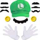 Humairc Super Bros Hats Accessories Set Mary Luigy Caps, Mustaches, Suspenders, Gloves Buttons Halloween Cosplay Costume (Green)